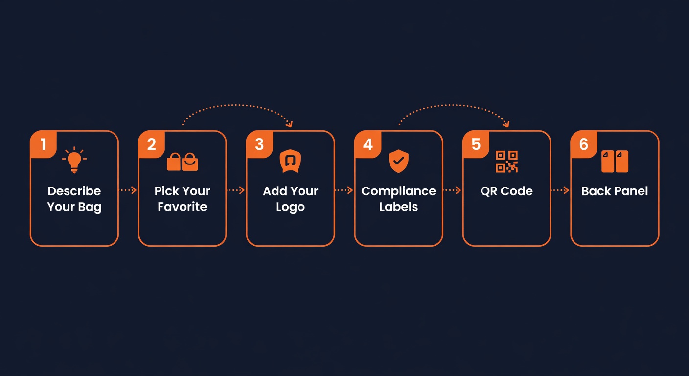 PackFlow's 6-step design flow diagram showing: 1. Describe Your Bag, 2. Pick Your Favorite, 3. Add Your Logo, 4. Compliance Labels, 5. QR Code, 6. Back Panel — connected by orange dotted arrows