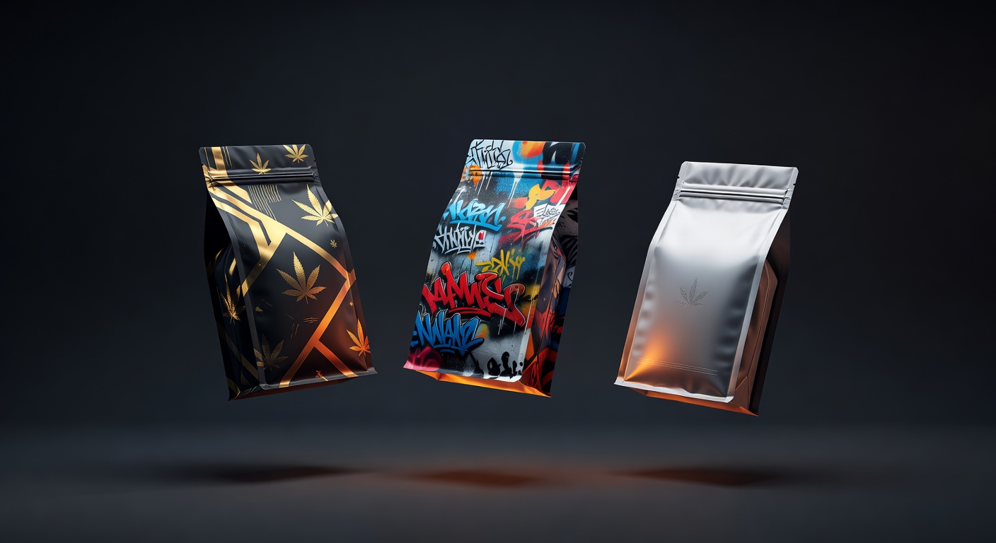 Three custom mylar bags showcasing different PackFlow design styles — luxury black with gold accents, street graffiti, and minimalist chrome — on a dark background with orange accent lighting