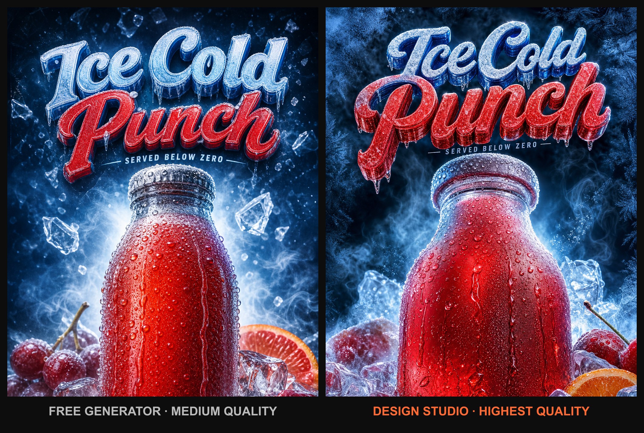 Same Ice Cold Punch prompt at medium AI quality (Free Generator, left) versus highest AI quality (Design Studio, right)