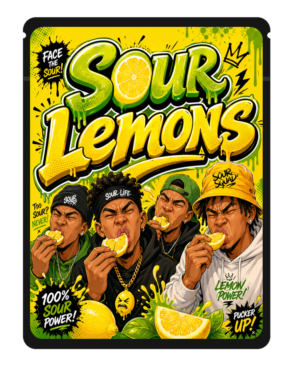 Sour Lemons — black mylar bag mockup